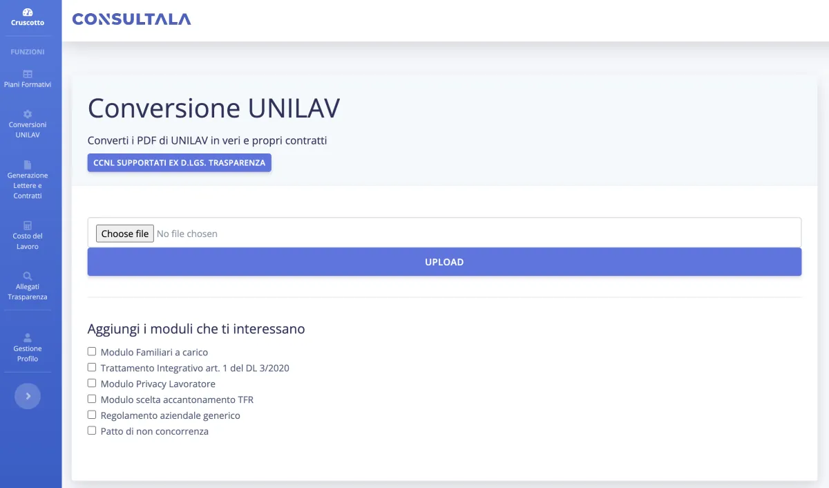 A ConsultaLa screen for converting UNILAV PDF files, with a file upload field and a list of modules to add