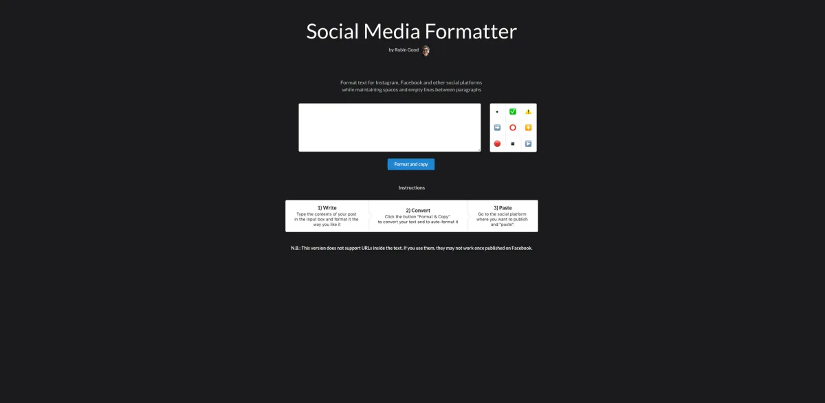 Social Media Formatter: a dark page with a text box and formatting options
