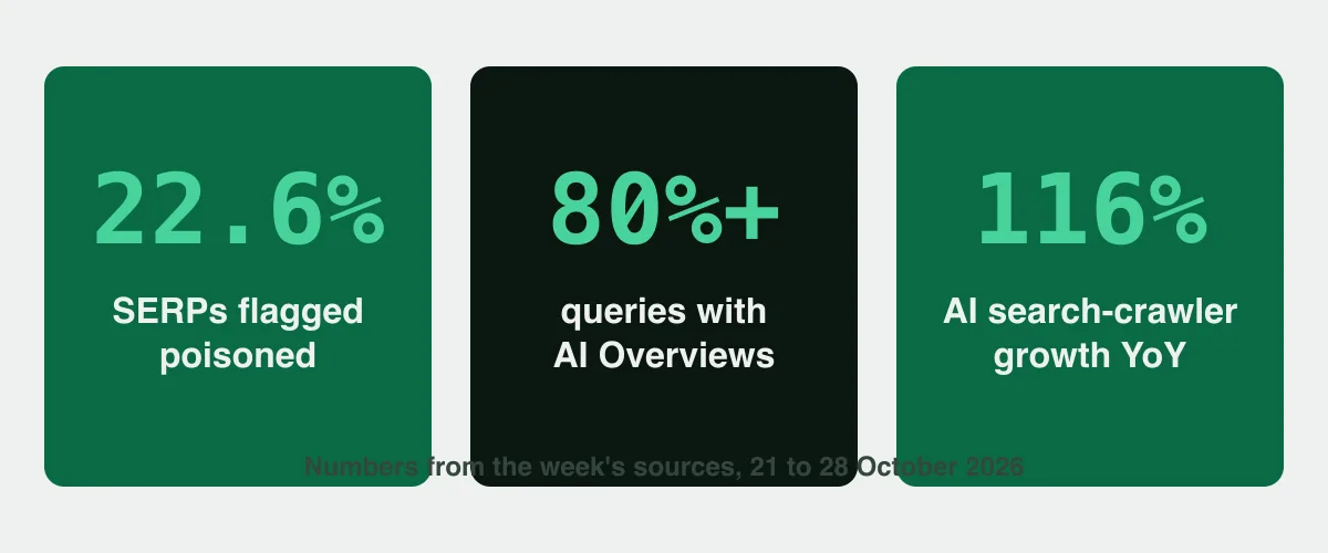 Three number cards in brand green and dark green reading 22.6 percent poisoned SERPs, 80 percent AI Overviews, 116 percent AI search-crawler growth