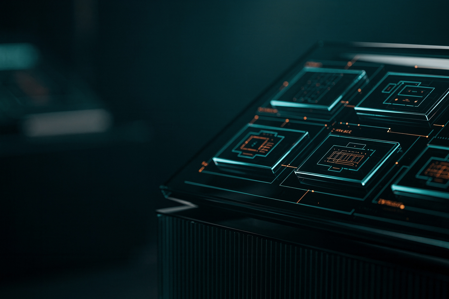 Modular software architecture with teal luminous lines