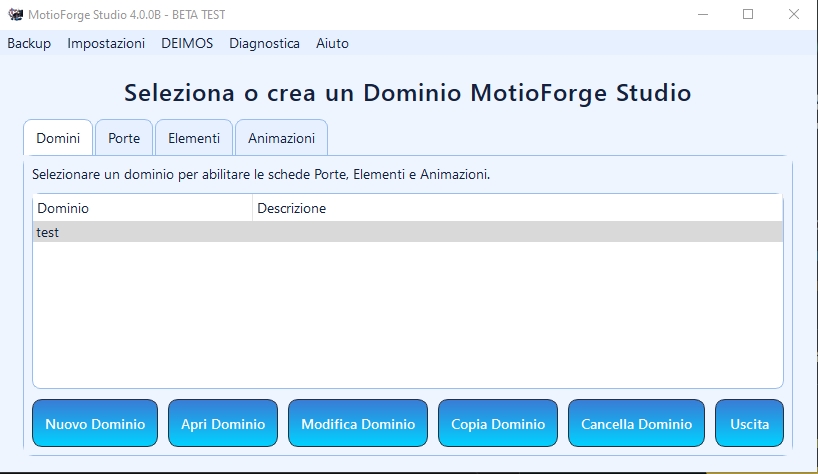 MotioForge Studio start window to create or open a domain